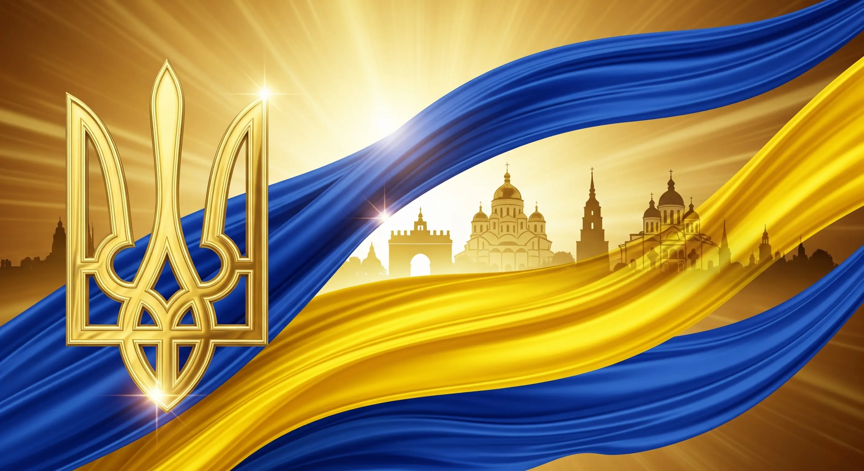 Зображення малого герба України на фоні кольорів національного прапора