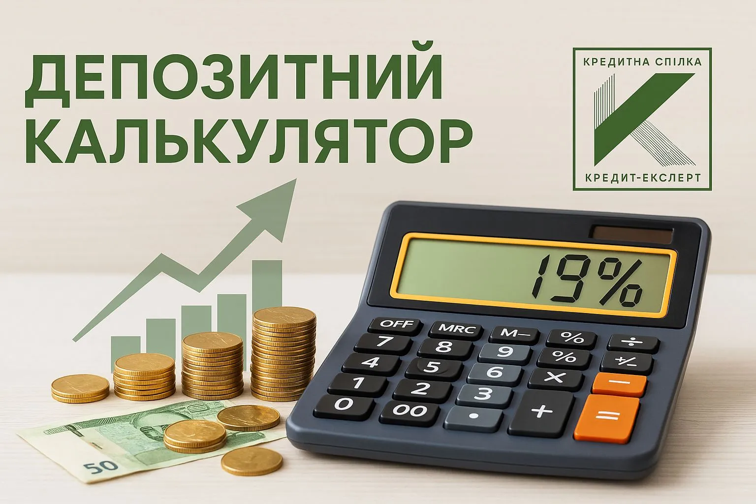 Зображення монет та купюр, калькулятора із значенням 19% на екрані та діаграми росту що символізує депозитний калькулятор та вигідні депозити в КС "Кредит-Експерт" до 19%